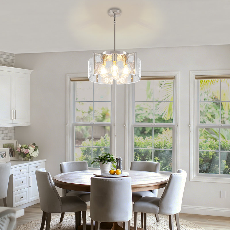 Lustre tambour 3 lumières Bora avec abat-jour en verre martelé transparent, luminaire suspendu de style campagne moderne réglable pour la salle à manger, îlot de cuisine