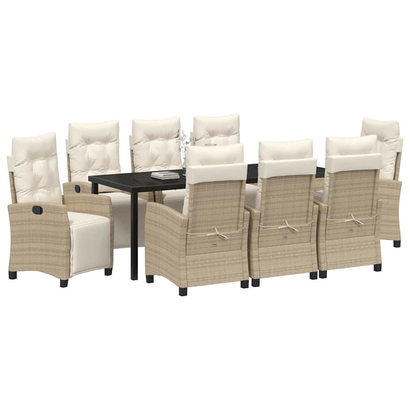 Ensemble de salle à manger de jardin avec coussin 9 pièces en rotin de polyester beige, Coussin beige / structure naturelle