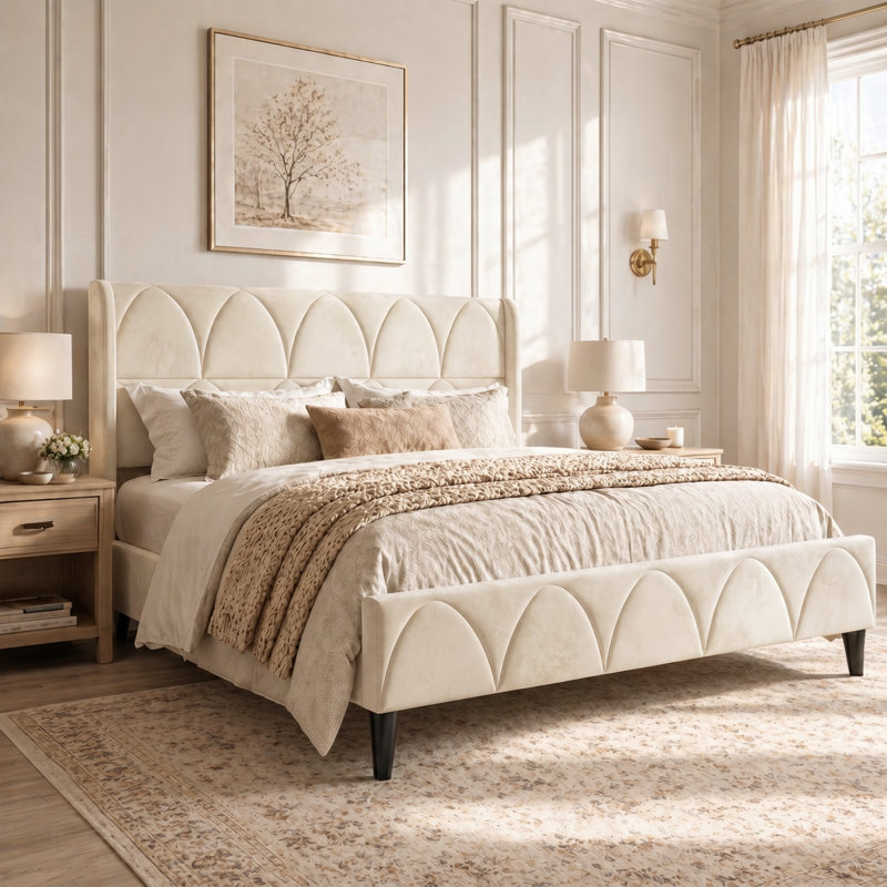 Velvet Upholstered Bed with Wingback Headboard, White, Queen