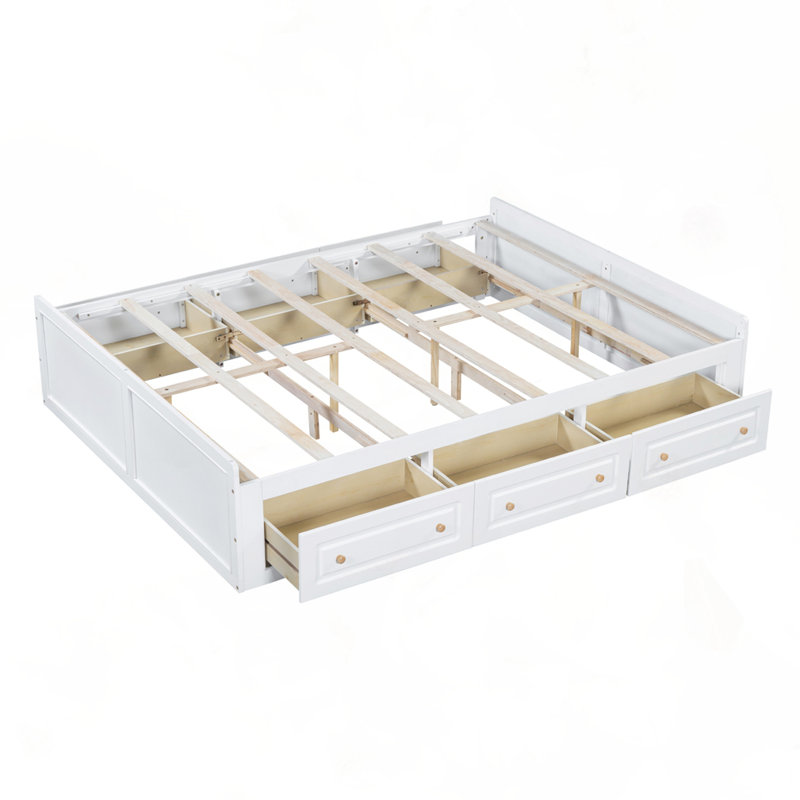 Structure de lit plateforme en bois grand format avec tiroirs, Blanc