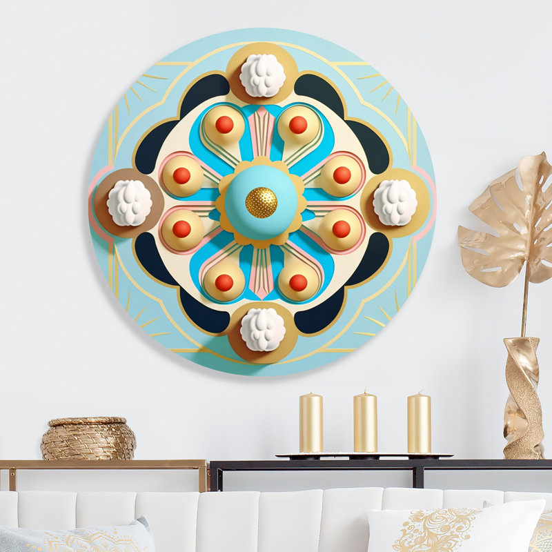«Flourish Golden Consciousness II», art mural rond abstrait moderne sur métal, L 36 po x H 36 po
