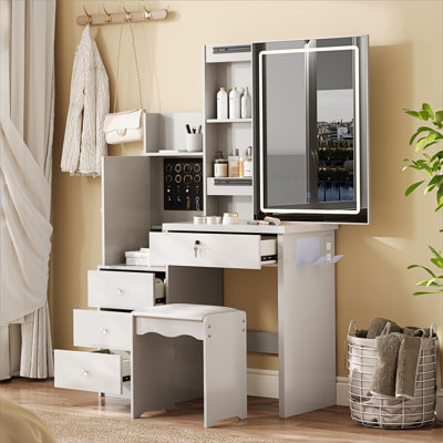 Vanity Desk Set With Sliding Lighted Mirror, Makeup Dressing Table With 4 Drawers & 9 Storage Spaces, Hidden Compartments And Cushioned Stool, White Beauty Furniture For Bedroom
