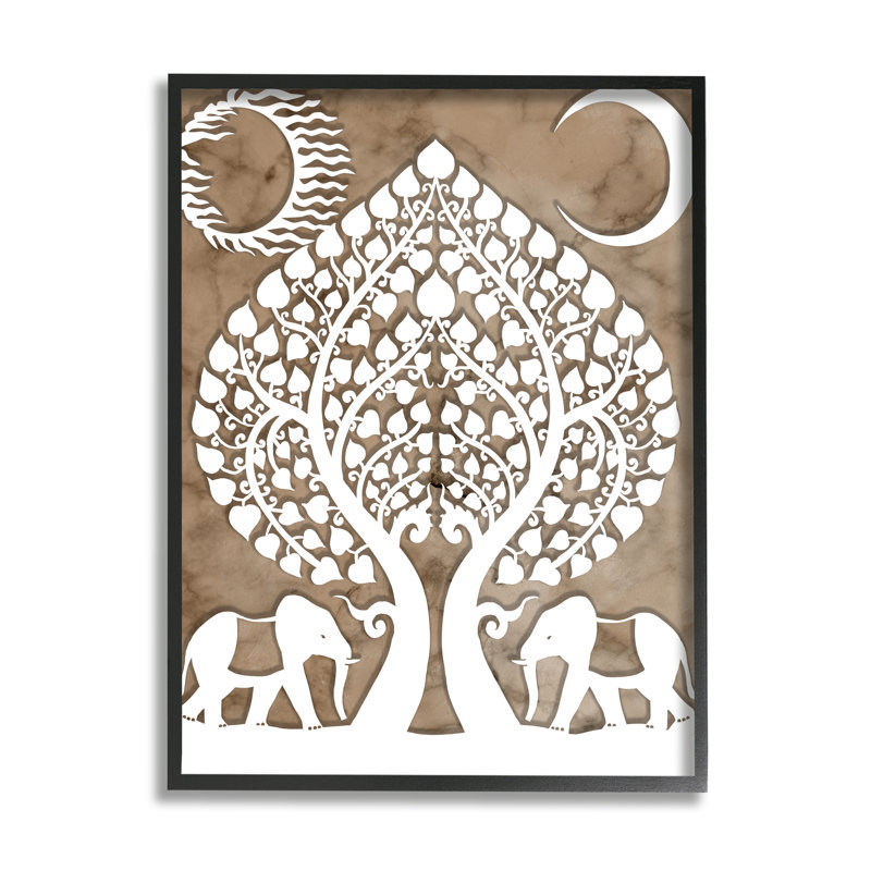 «Boho Elephants Tree of Life Abstract Sun Moon», art mural sur toile tendue, H 14 po x l 11 po, Giclée encadrée noir minuit