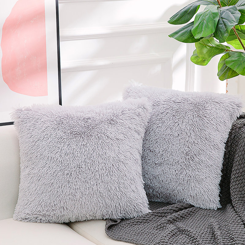 Light Gray Plush Faux Fur Euro Pillow Covers, Set of 2