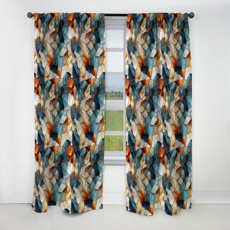 Rideau occultant en velours marbre bleu sarcelle et orange - 1 panneaux, L 52 po x L 108 po