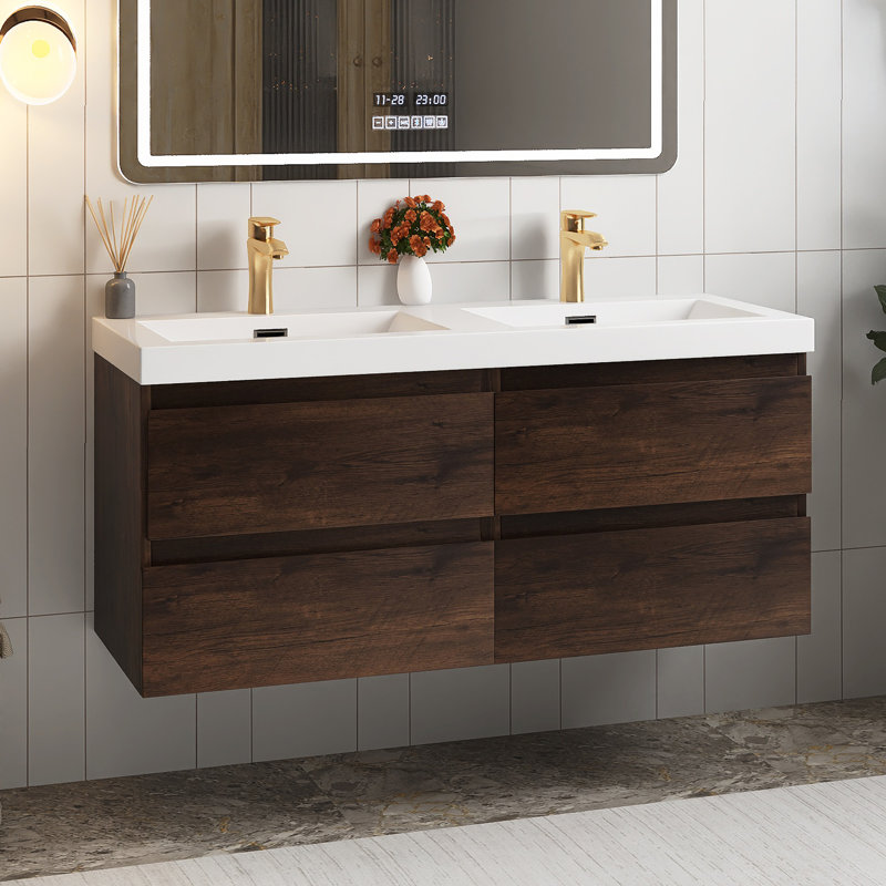 48 In. Double Sink Wall Mounted Bathroom Vanity With White Resin Top, Rose Wood