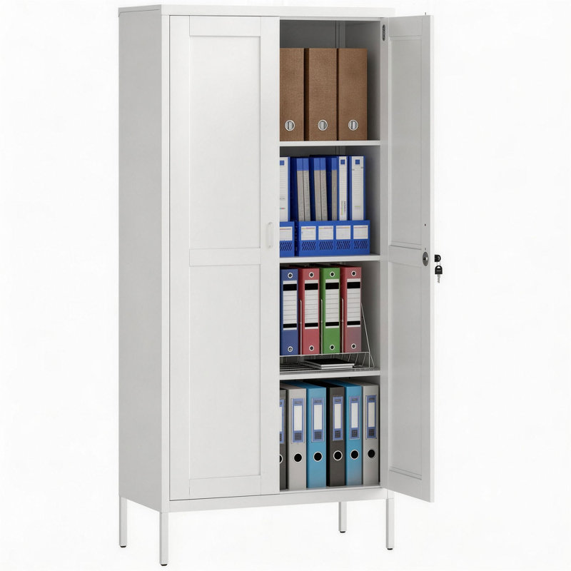 Armoire de rangement en métal avec 2 portes, classeur verrouillable, blanc