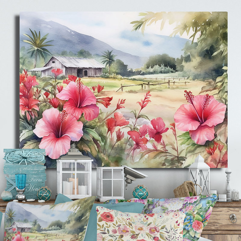 Hibiscus rose et vert, harmonie tropicale, fleurs II - art mural floral en métal, H 30 po x l 40 po x P 1 po