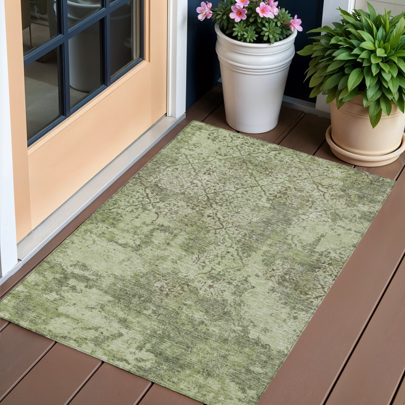 HomeRoots 3' X 5' Artichoke Green And Fern Green Floral Washable Indoor Outdoor Area Rug