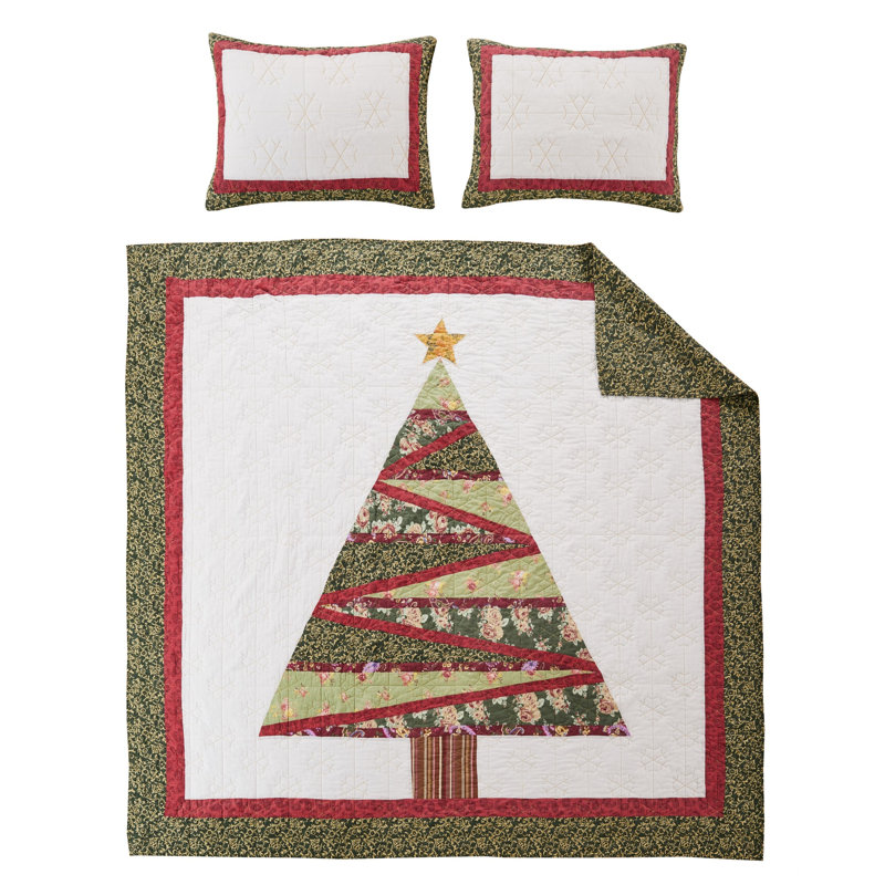 Festive Christmas Tree Reversible Cotton Full Quilt Set