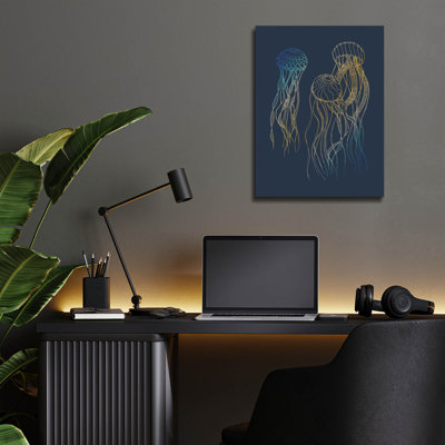 «Sealife Blue and Gold Jellyfishes» par Sabrina Balbuena, art mural en verre acrylique, 16 po x 24 po