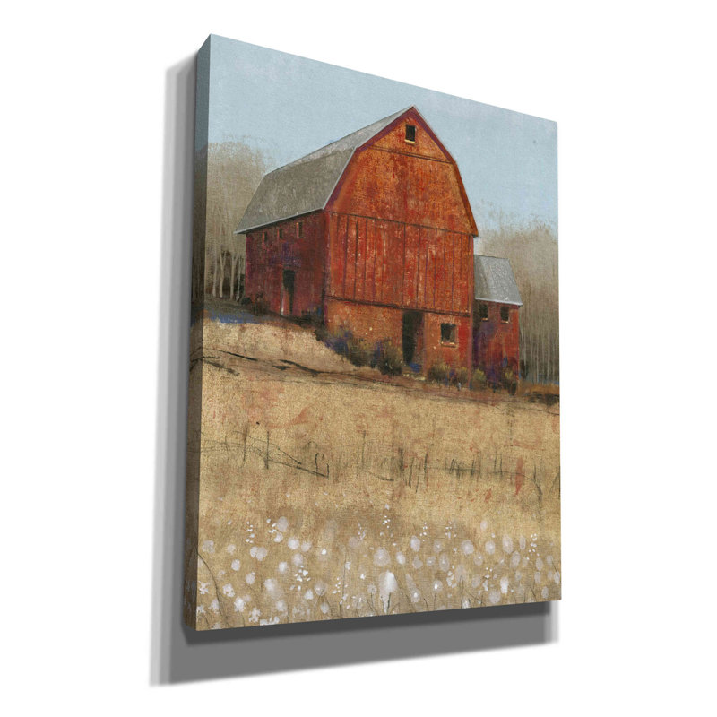 «Red Barn View I» par Tim O'toole, art mural sur toile, H 34 po x l 26 po x P 1,5 po