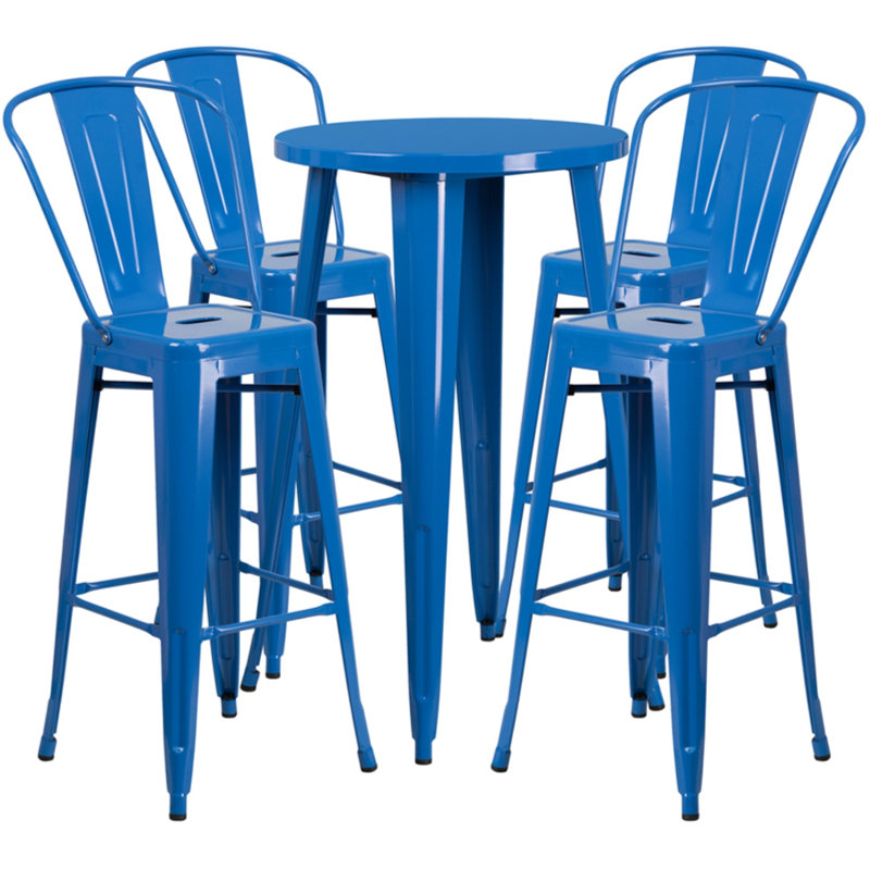 Williamston Round Metal Indoor-Outdoor Bar Table Set with 4 Cafe Stools, Blue, 41" H x 24" W x 24" L