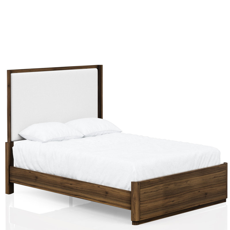 Grand lit en noyer avec tête de lit tapissier et structure robuste pour une bonne nuit de sommeil