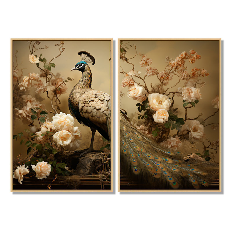 Ornement de fleur de paon classique rétro - art mural moderne bleu, 36" H x 48" W, Impression encadrée flottante, Cream