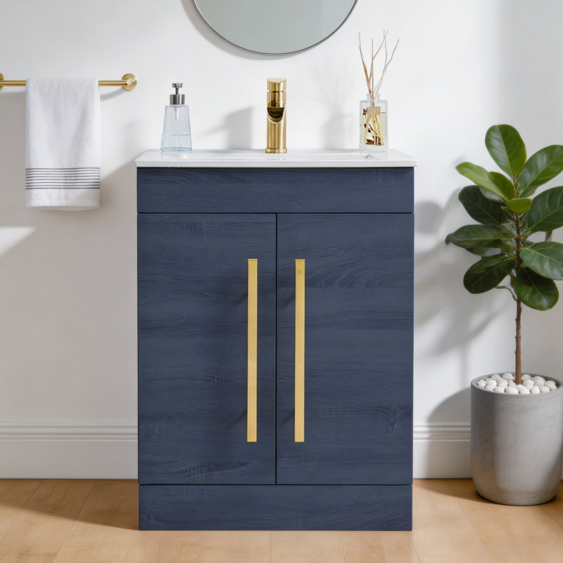 24'' Modern Free-Standing 2-Doors Single Bathroom Vanity With Ceramic Top, Brushed Gold, Navy
