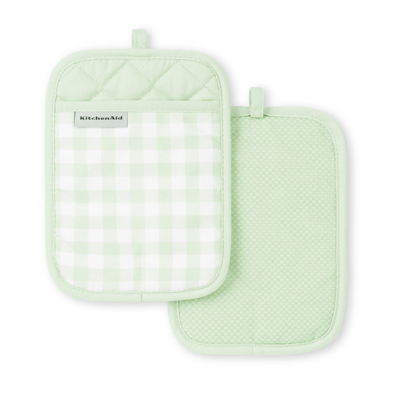 KitchenAid Gingham Pot Holder 2-Pack Set,, 7"x10", Light Green