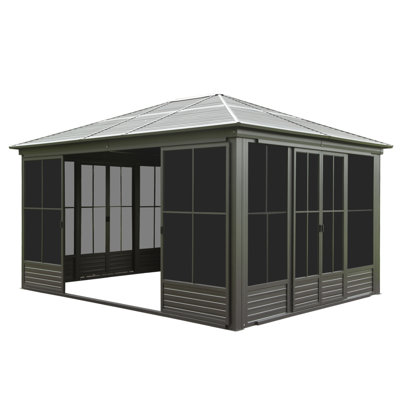 Véranda extérieure de 12 pi x 14 pi, toit rigide en acier galvanisé avec toit rigide, pavillon en aluminium toutes saisons pour terrasse de patio avec porte verrouillable, écran PC mobile