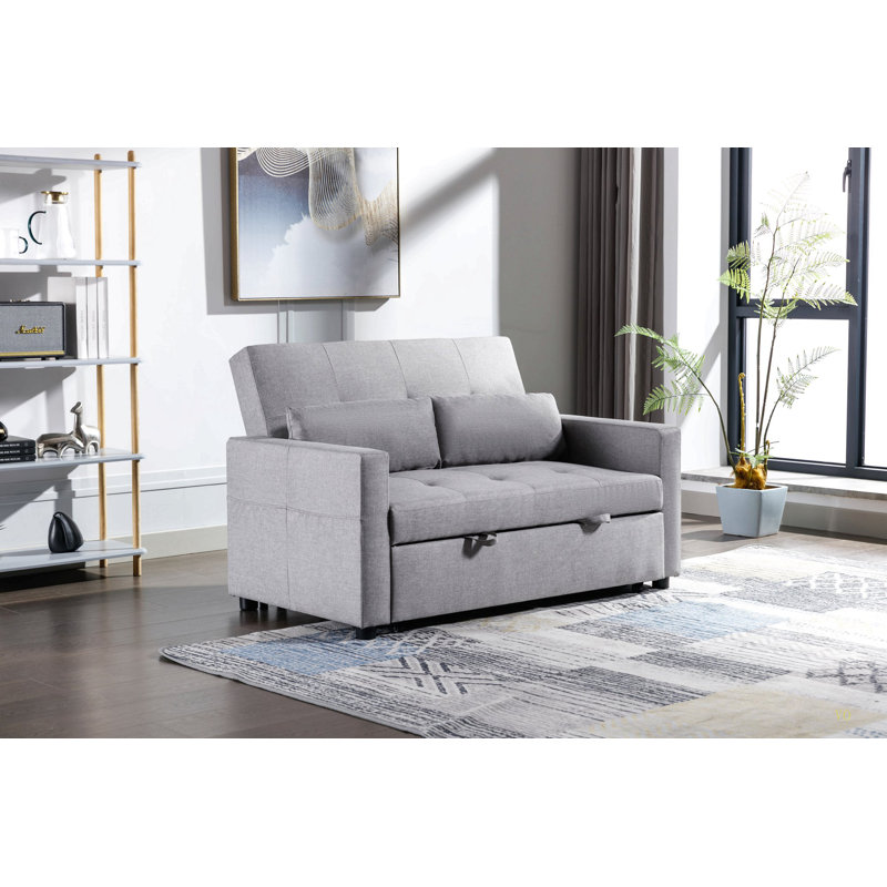 Light Grey Linen Fabric 3-In-1 Convertible Sleeper Loveseat With Side Pocket.