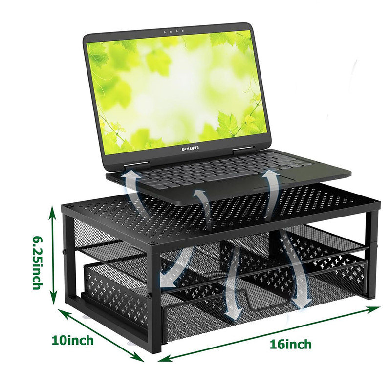 2 Tier Monitor stand, Metal Monitor Stand and Computer Desk Organizer with Drawer for Laptop, Black