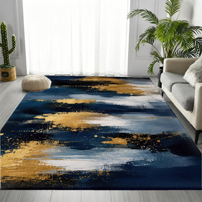 Abstract Blue Gold Splatter Machine Washable Area Rug with Non‑Slip Backing, Modern Artistic Brushstroke Pattern Floor Carpet, Cozy Indoor Home Decor for Living Room, Bedroom, Dining, Office, Den, Apartment, Hallway