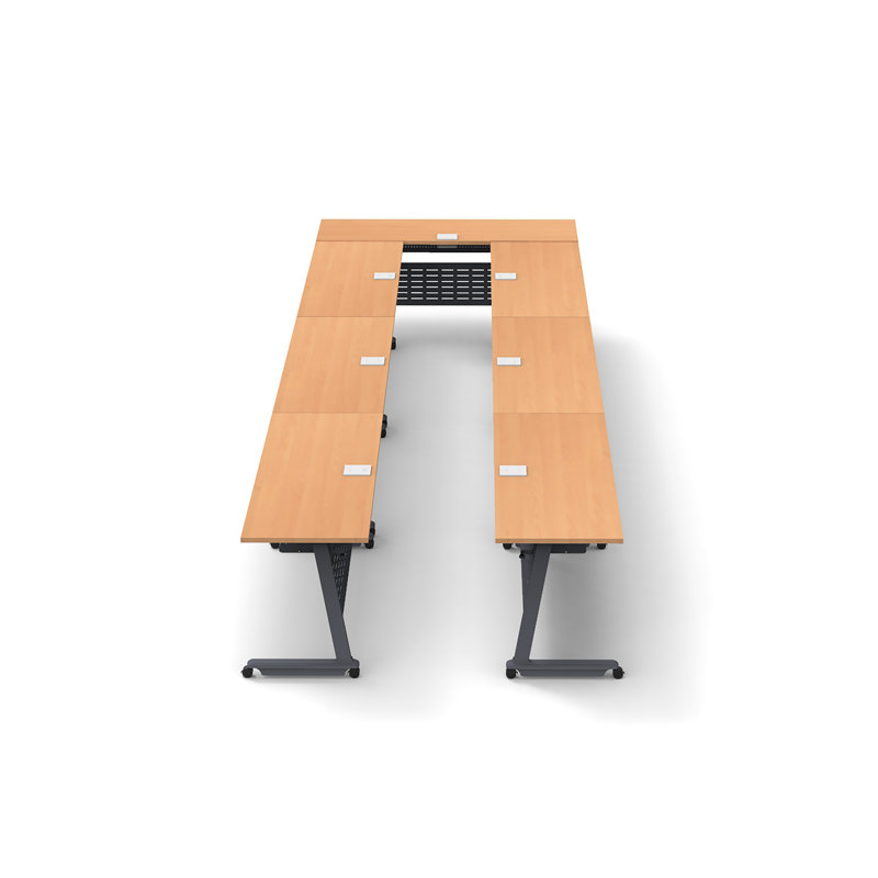 Tables Training Meeting Seminar Classroom 7Pc Beech Folding Industrial Caster Z-Base. Tables Connect.  Modesty Panel, Shelf, Power+Usb Outlet. Fold+Nest For Storage (Seating Not Included).