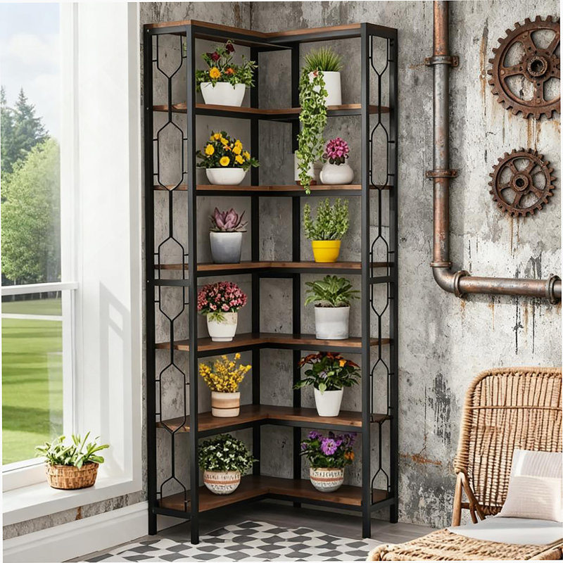 78.7-Inch Tall 7-Tier Industrial Corner Bookshelf With Smart Space-Saving Design And Heavy-Duty Storage Capacity.
