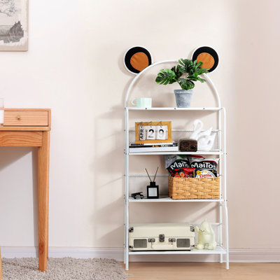 Metal 4-Tier Bookshelf with Cute Bear Ears Design, White Storage Shelf