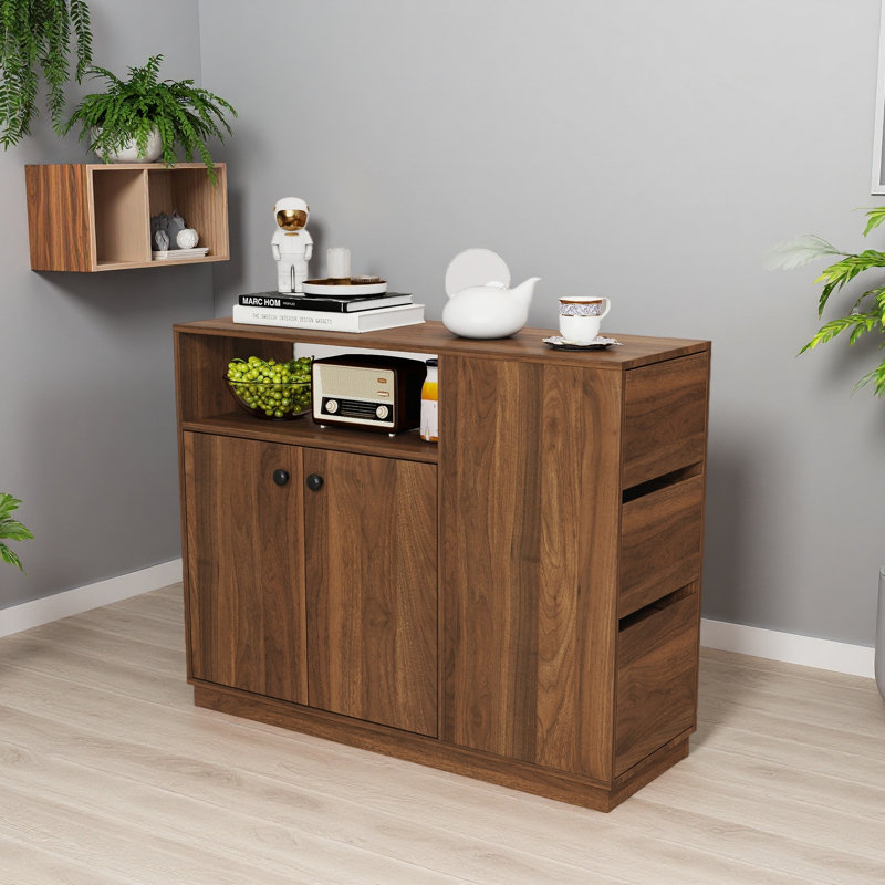 Kitchen Sideboard, Small Countertop Organizer, Tabletop Cabinet With 2 Glass Sliding Door,3 Side Drawers & 1 Small Display Shelves