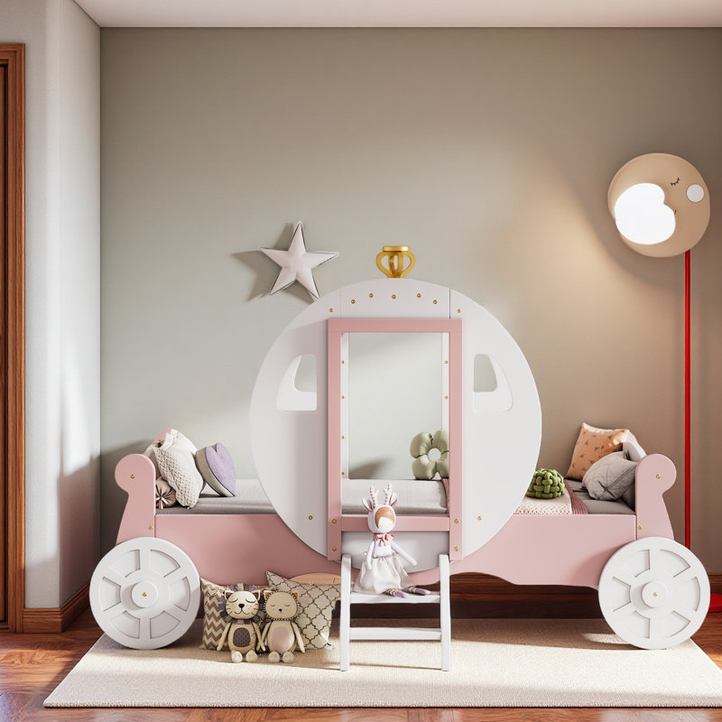 Princess Magical Crown Carriage-shaped Bed with Ladder, White