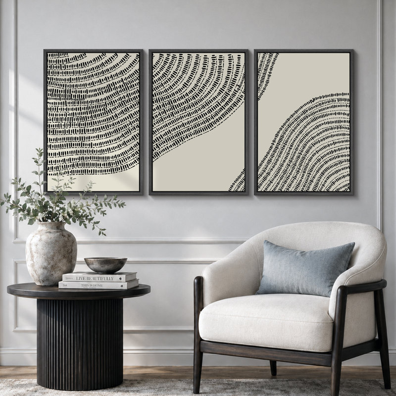 Line Art, géométrique, arbre en bois, anneau, impression sur toile, 3 pièces, H 36 po x l 72 po, Cadre flottant noir