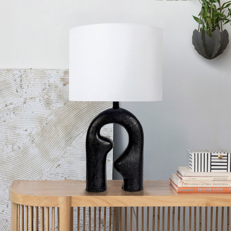 Modern Abstract Sculptural Table Lamp with Drum Shade, Black
