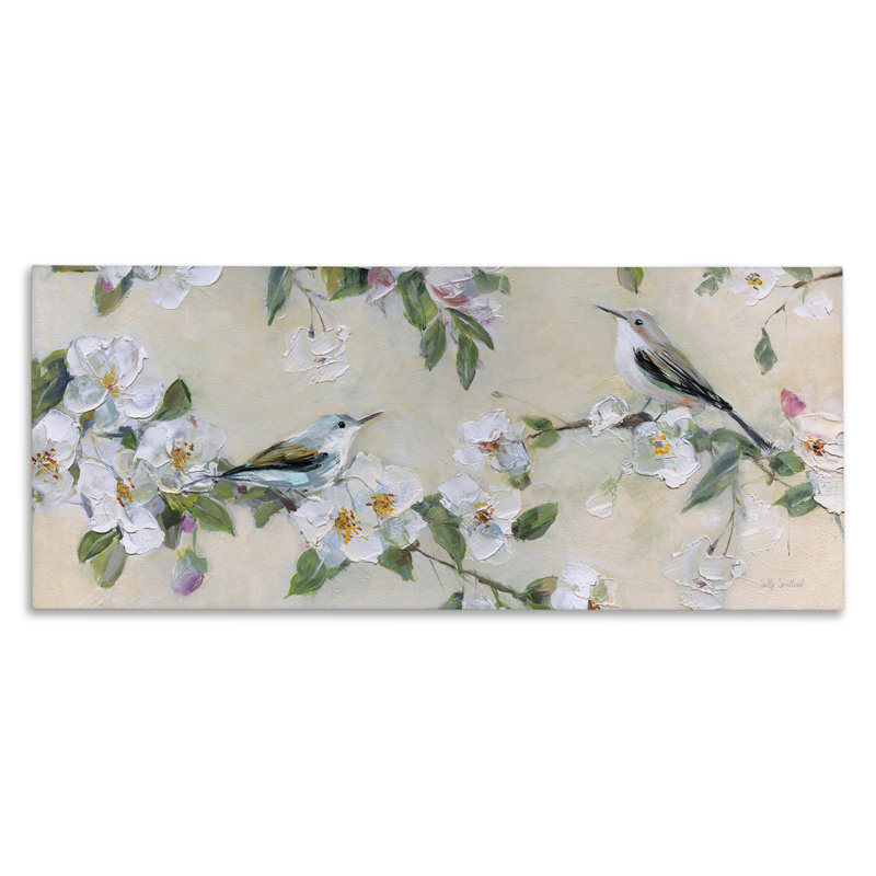 "Sparrows & Apple Blossoms", art mural par Sally Swatland, 17" H x 40" W