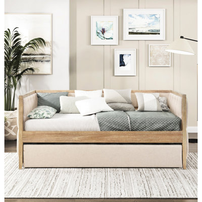 Lit de jour moderne avec boucle gigogne beige, conception transitionnelle, finition naturelle brossée au fil métallique, taille simple pour le confort de la chambre à coucher et configuration du sommeil, tissu de style 1pc, sans sommier, arrangement de lit