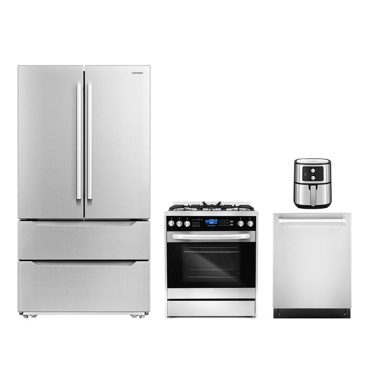 4 Piece Kitchen Appliance Package with 5.5L Electric Hot Air Fryer 30" Freestanding Dual Fuel Range 24" Built-in Fully Integrated Dishwasher, &  French Door Refrigerator