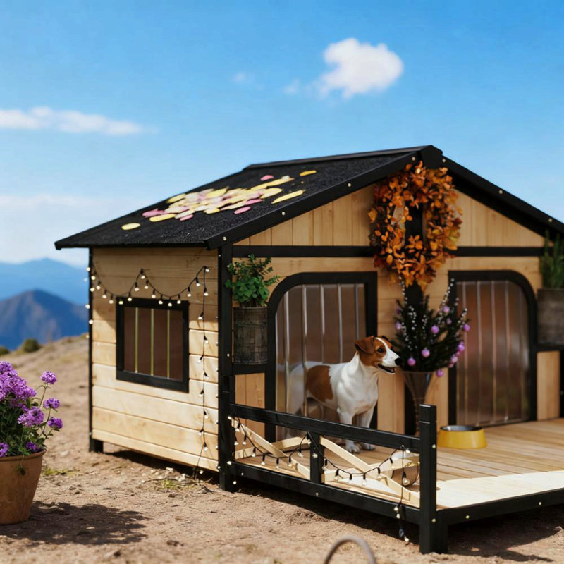 Chenil en bois pour chien avec porche, toit ouvrable, fond amovible, plancher surélevé, chambre double