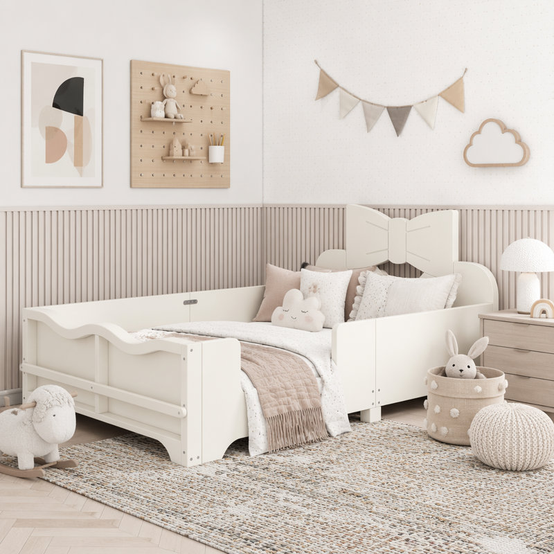 Lit plateforme simple avec tête de lit, garde-corps et bibliothèque, Twin, Beige