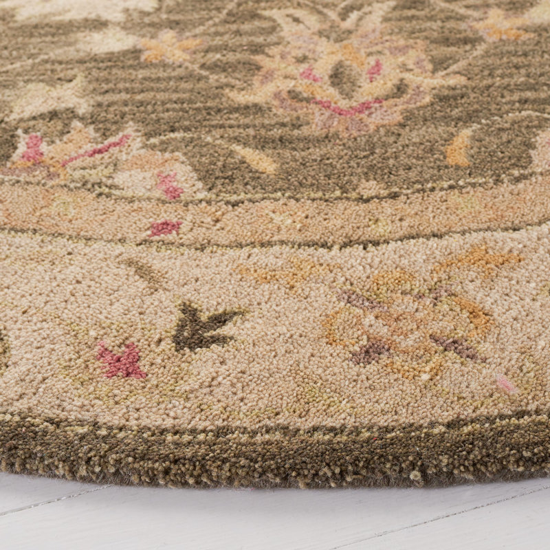 Olive Grey and Beige Handmade Wool Round Area Rug