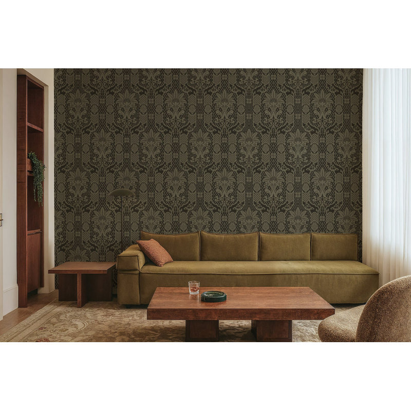 Columnar Bloom - Wallpaper, Faux Grasscloth, Non-Pasted, Black; Tan
