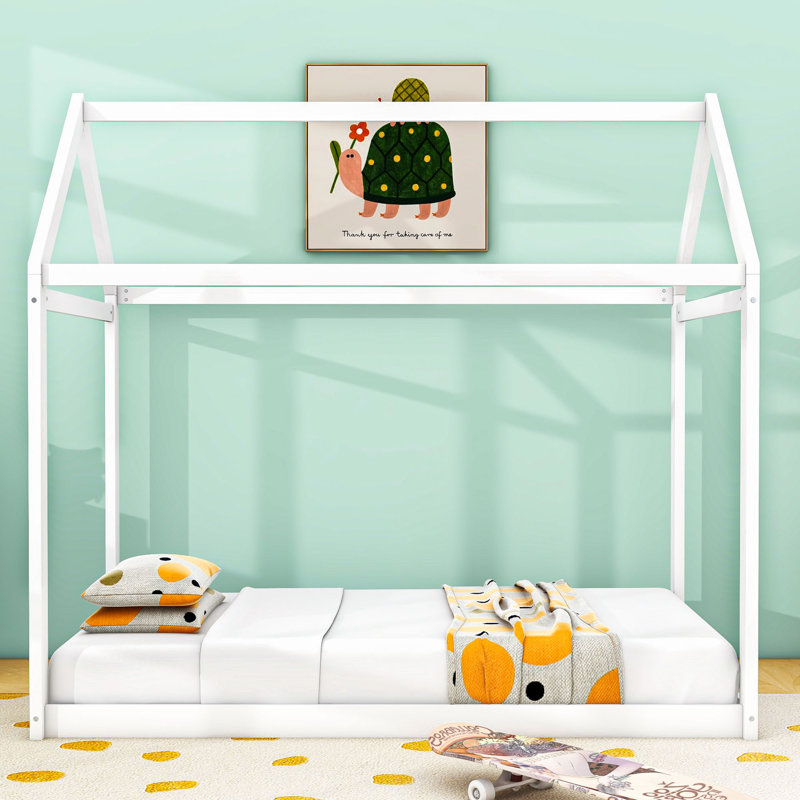Twin Size Wooden House Bed with Roof, Blanc