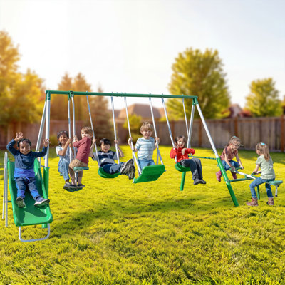 Sportspower Park Ridge Metal Swing Set With 2 Swings, Standing Swing, 2 Person Roman Glider Swing, Teeter Totter And 5' Slide, Bonus Anchor Kit Included