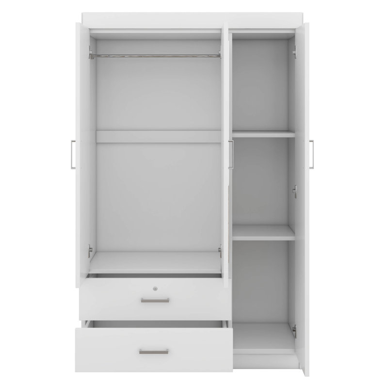 Garde-robe à 3 portes avec tiroirs et tablettes verrouillables, armoire à vêtements avec tringle, White