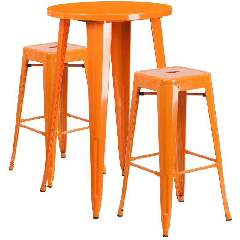 Ensemble de table de bar ronde d'intérieur / extérieur en métal orange de qualité commerciale avec 2 tabourets sans dossier
