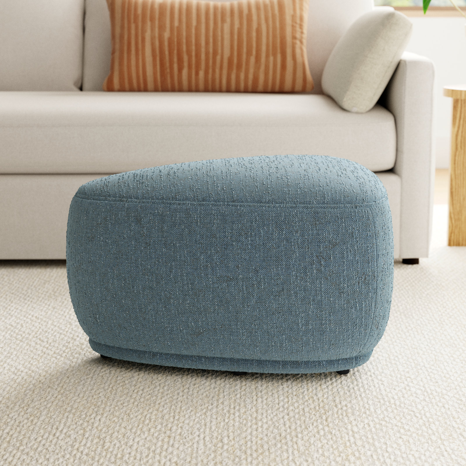 Adna 26.5'' Triangular Upholstered Ottoman, Mellow Steel Blue Boucle