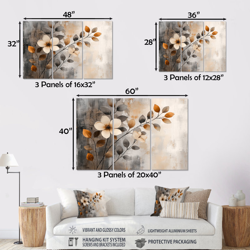 Ensemble de décorations murales fleurs de cerisier orange et gris, H 28 po x l 36 po x P 1 po, Métal métal