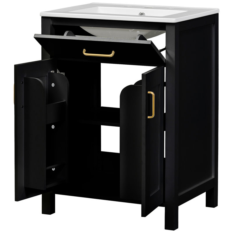 Meuble-lavabo double moderne de 48 pouces avec éviers en céramique, conception à fermeture douce, tablette réglable et poignées dorées élégantes pour le rangement