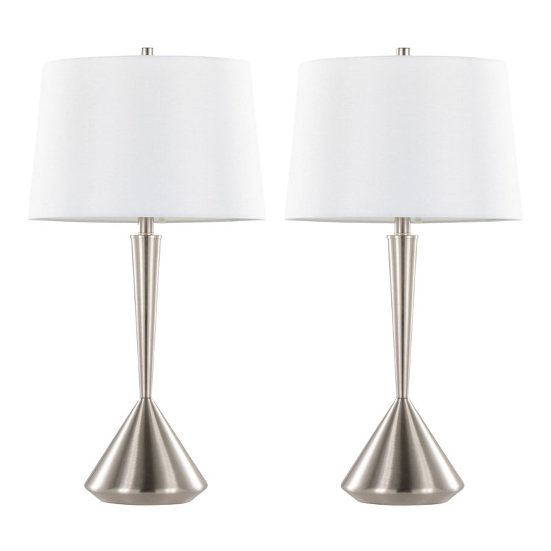 Lampe de table contemporaine en métal 29 po, nickel brossé avec abat-jour en lin blanc, ensemble de 2
