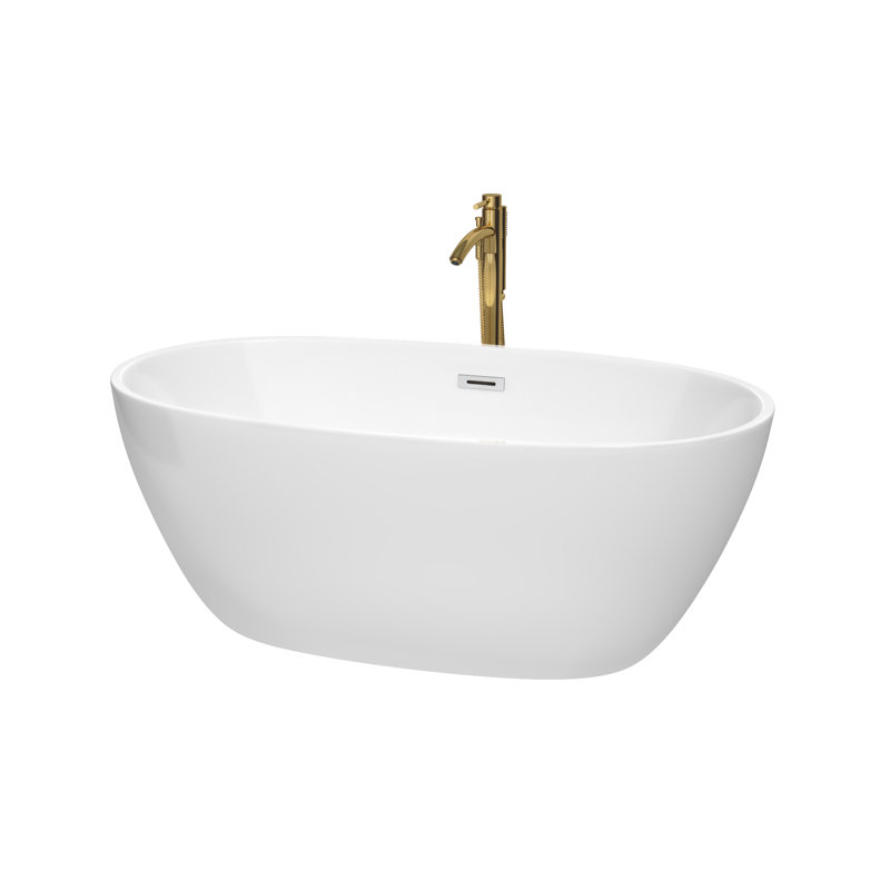 Juno 59'' x 32'' Soaking Acrylic Bathtub with Faucet, White/Polished Chrome/Brushed Gold