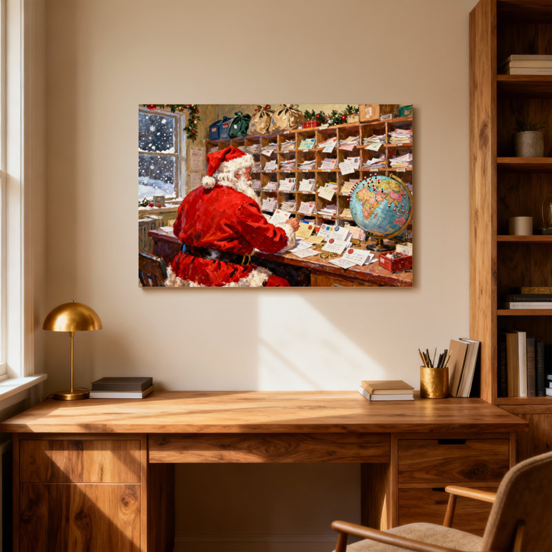 Père Noël, lecture de lettres au bureau avec globe, H 16 po x l 24 po
