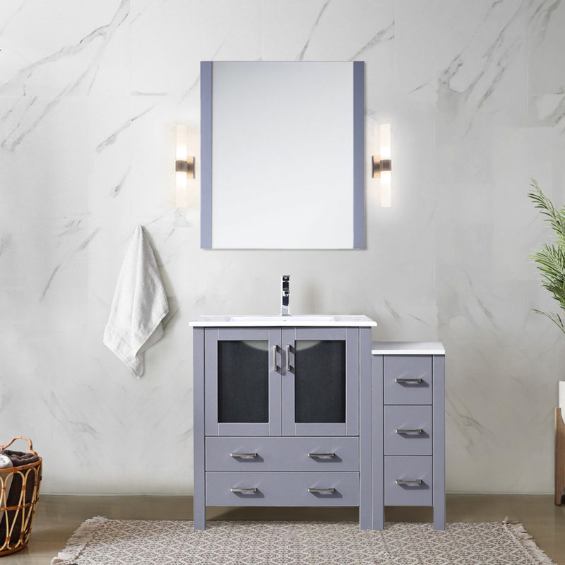 Gris foncé, 42 po W, meuble-lavabo simple, armoire latérale, comptoir en céramique blanche, structure en bois massif, fermeture en douceur, cinq tiroirs intérieurs, grande capacité de rangement, Scratch, comptoir de meuble-lavabo, pré-percé,